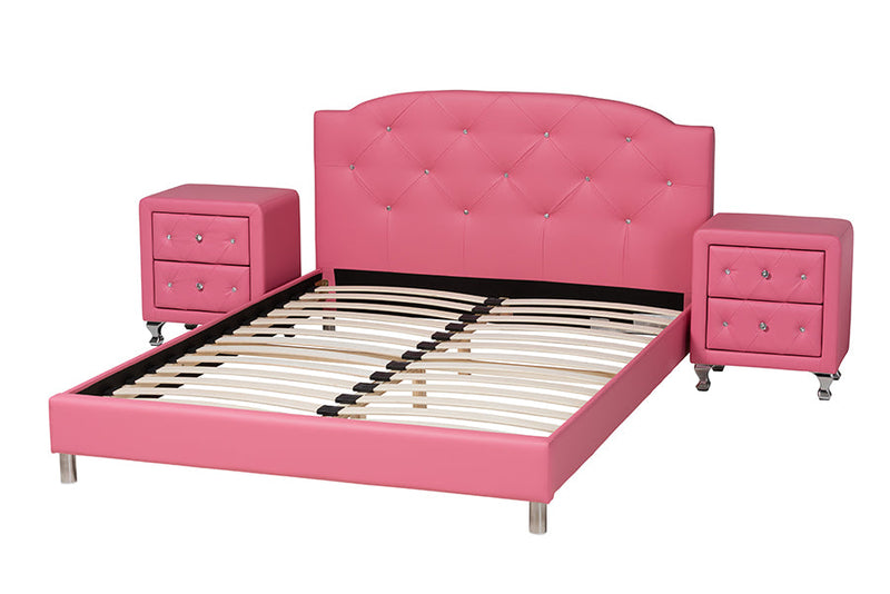 Declan Glam Pink Faux Leather Upholstered Queen Size 3-Piece Bedroom Set Baxton