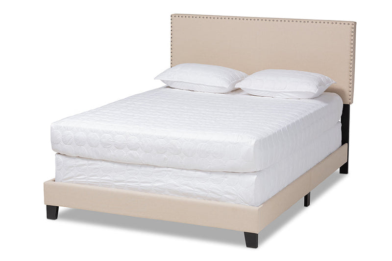 Marana Beige Linen Fabric Upholstered Full Size Panel Bed w/Nailhead Trim Baxton