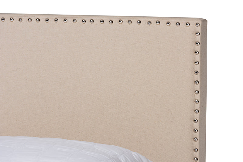 Marana Modern and Contemporary Beige Linen Fabric Upholstered Full Size Panel Bed w/Nailhead Trim