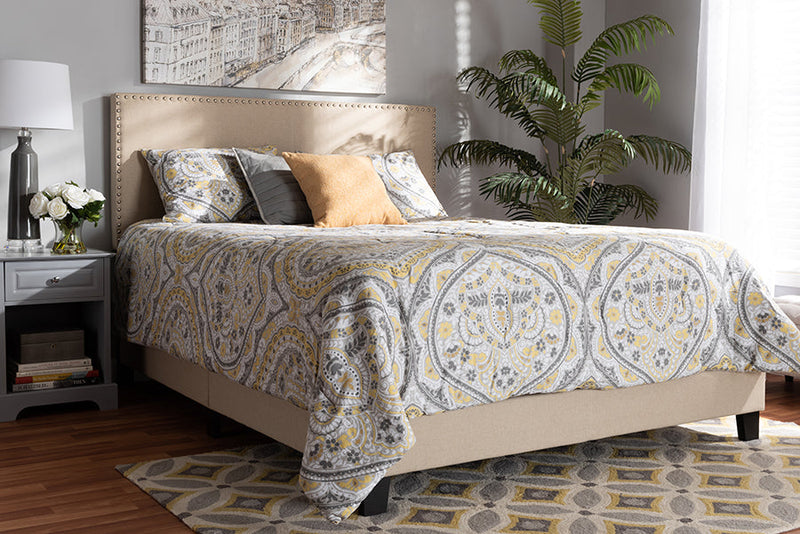 Marana Beige Linen Fabric Upholstered Full Size Panel Bed w/Nailhead Trim Baxton