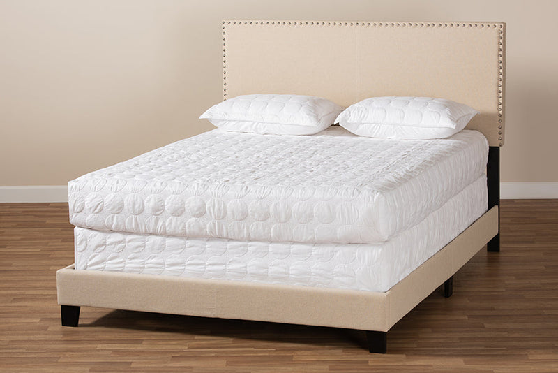 Marana Beige Linen Fabric Upholstered Full Size Panel Bed w/Nailhead Trim Baxton