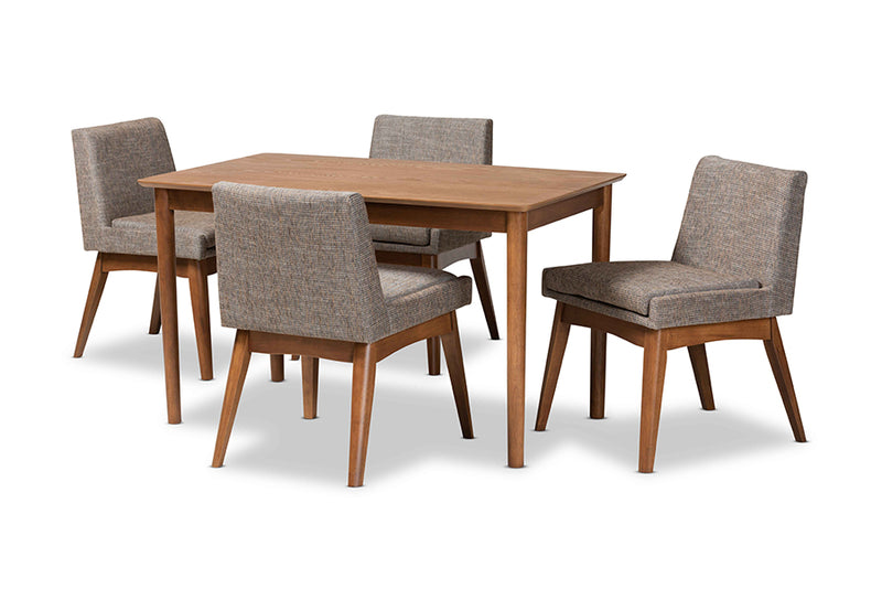 Larine Mid-Century Modern Gravel Fabric Upholstered and Walnut Brown Finished Wood 5-Piece Dining Set