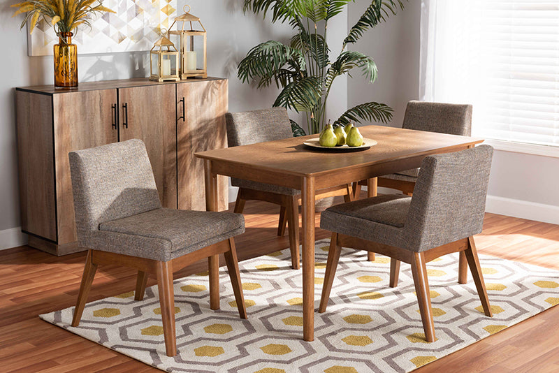 Larine Mid-Century Modern Gravel Fabric Upholstered and Walnut Brown Finished Wood 5-Piece Dining Set