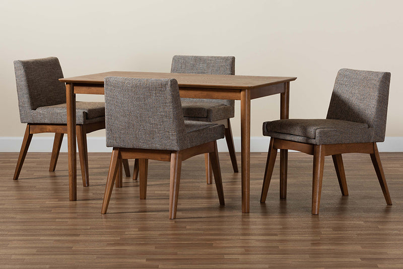 Larine Mid-Century Modern Gravel Fabric Upholstered and Walnut Brown Finished Wood 5-Piece Dining Set