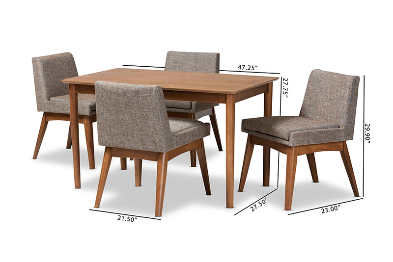 Larine Mid-Century Modern Gravel Fabric Upholstered and Walnut Brown Finished Wood 5-Piece Dining Set