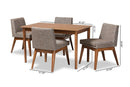 Larine Gravel Fabric Upholstered and Walnut Brown 5-Piece Dining Set Baxton