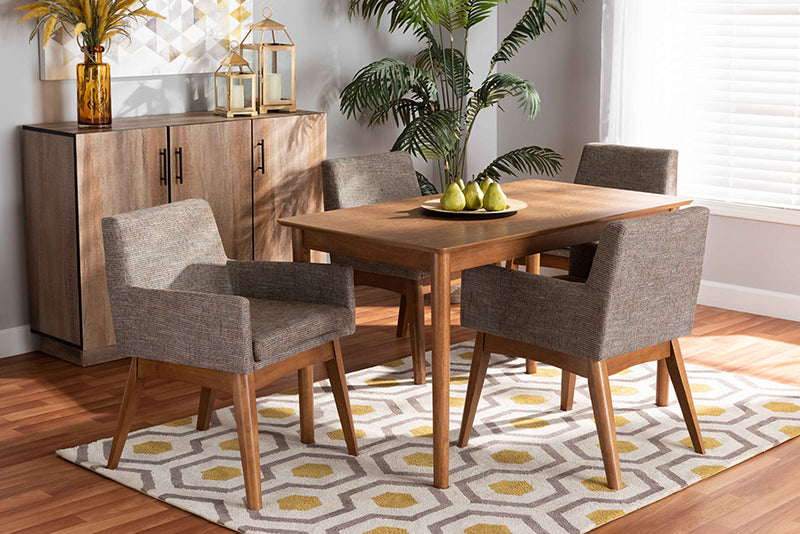 Malvina Mid-Century Modern Gravel Fabric Upholstered and Walnut Brown Finished Wood 5-Piece Dining Set