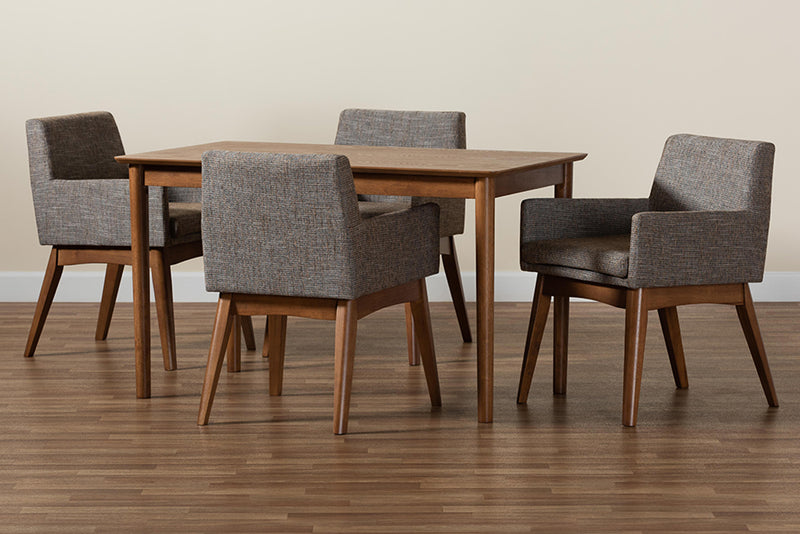 Malvina Mid-Century Modern Gravel Fabric Upholstered and Walnut Brown Finished Wood 5-Piece Dining Set