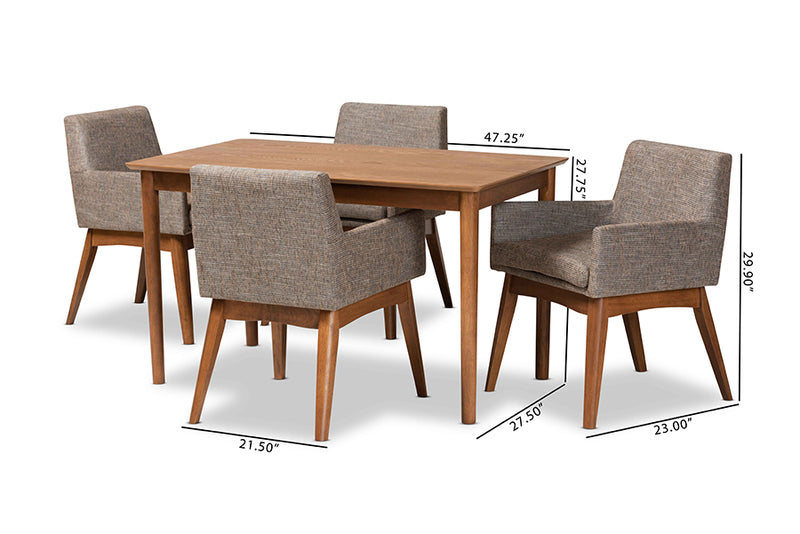 Malvina Mid-Century Modern Gravel Fabric Upholstered and Walnut Brown Finished Wood 5-Piece Dining Set