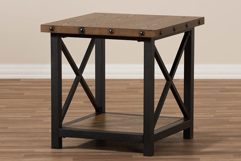 Tamira Rustic Industrial Style Antique Black Textured Finished Metal Distressed Wood Occasional End Table