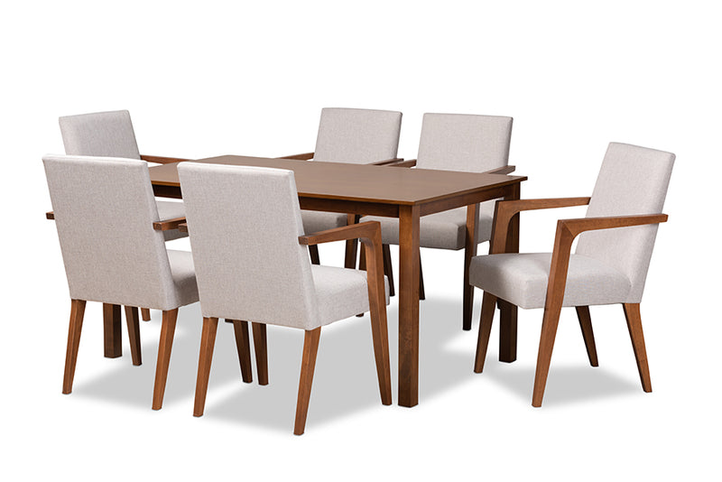 Barossa Mid-Century Modern Greyish Beige Fabric Upholstered and Walnut Brown Finished Wood 7-Piece Dining Set