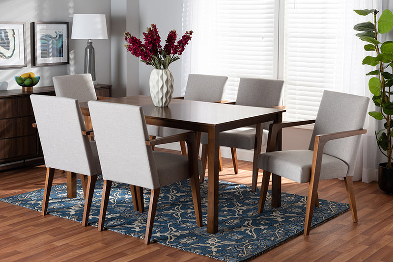 Barossa Mid-Century Modern Greyish Beige Fabric Upholstered and Walnut Brown Finished Wood 7-Piece Dining Set