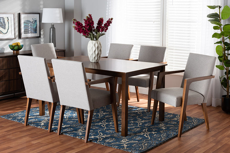 Barossa Greyish Beige Fabric Upholstered and Walnut Brown 7-Piece Dining Set Baxton
