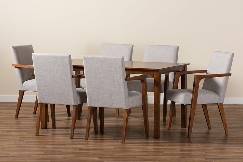 Barossa Mid-Century Modern Greyish Beige Fabric Upholstered and Walnut Brown Finished Wood 7-Piece Dining Set