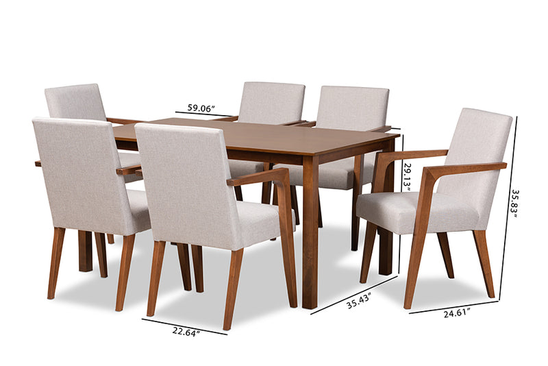 Barossa Mid-Century Modern Greyish Beige Fabric Upholstered and Walnut Brown Finished Wood 7-Piece Dining Set