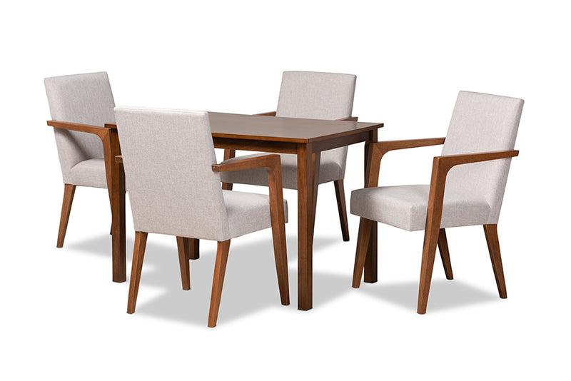 Barossa Mid-Century Modern Greyish Beige Fabric Upholstered and Walnut Brown Finished Wood 5-Piece Dining Set