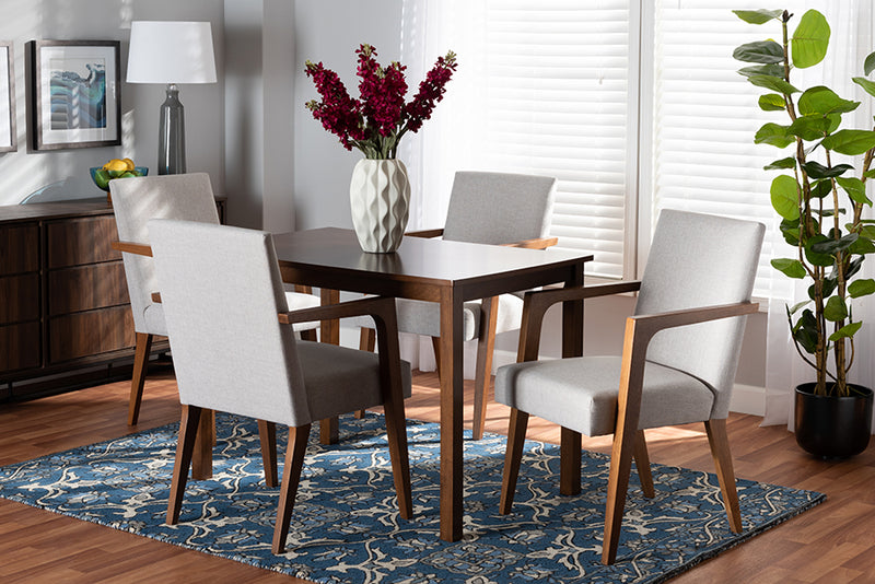 Barossa Mid-Century Modern Greyish Beige Fabric Upholstered and Walnut Brown Finished Wood 5-Piece Dining Set