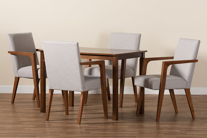 Barossa Mid-Century Modern Greyish Beige Fabric Upholstered and Walnut Brown Finished Wood 5-Piece Dining Set