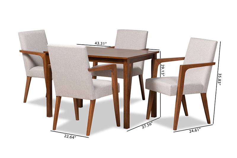 Barossa Mid-Century Modern Greyish Beige Fabric Upholstered and Walnut Brown Finished Wood 5-Piece Dining Set