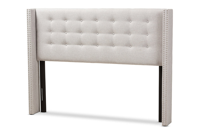 Rosie Modern And Contemporary Greyish Beige Fabric Button-Tufted Nail head Queen Size Winged Headboard