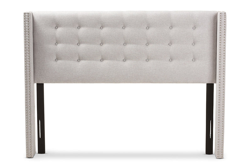 Rosie Greyish Beige Fabric Button-Tufted Nail head Queen Size Winged Headboard Baxton