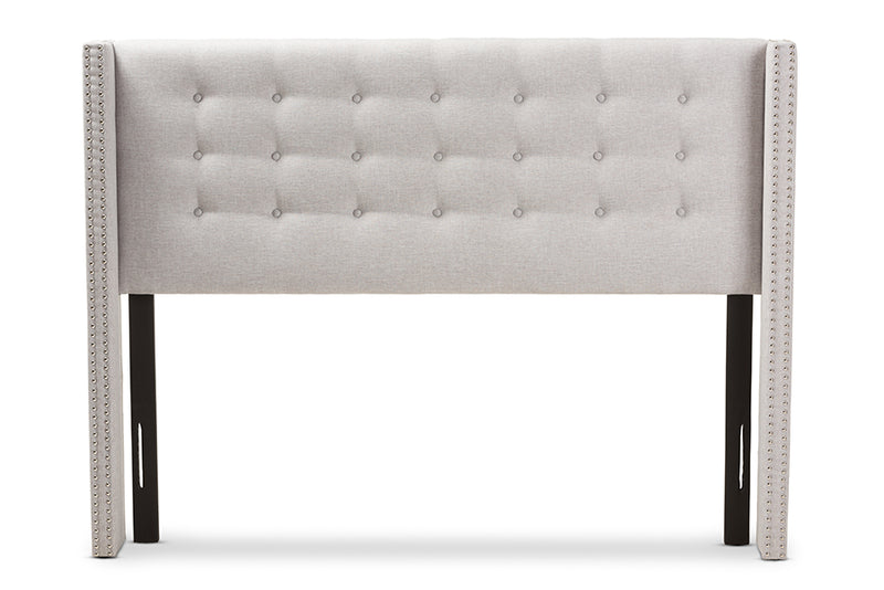 Rosie Modern And Contemporary Greyish Beige Fabric Button-Tufted Nail head Queen Size Winged Headboard