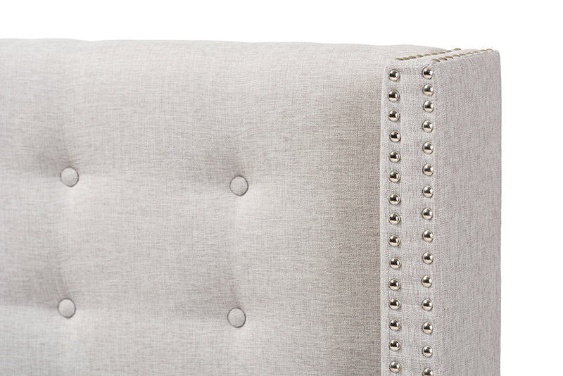 Rosie Modern And Contemporary Greyish Beige Fabric Button-Tufted Nail head Queen Size Winged Headboard