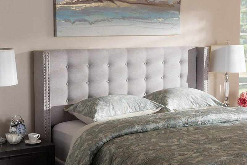 Rosie Greyish Beige Fabric Button-Tufted Nail head Queen Size Winged Headboard Baxton