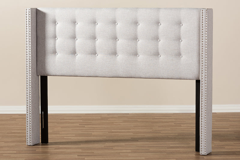 Rosie Modern And Contemporary Greyish Beige Fabric Button-Tufted Nail head Queen Size Winged Headboard