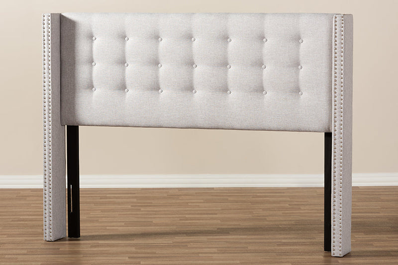 Rosie Greyish Beige Fabric Button-Tufted Nail head Queen Size Winged Headboard Baxton