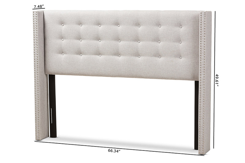 Rosie Modern And Contemporary Greyish Beige Fabric Button-Tufted Nail head Queen Size Winged Headboard