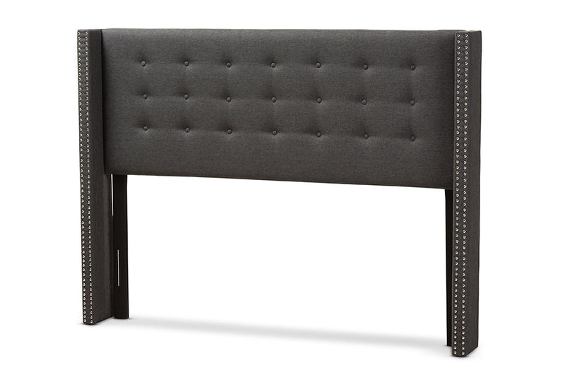 Rosie Dark Gray Fabric Button-Tufted Nail head Queen Size Winged Headboard Baxton