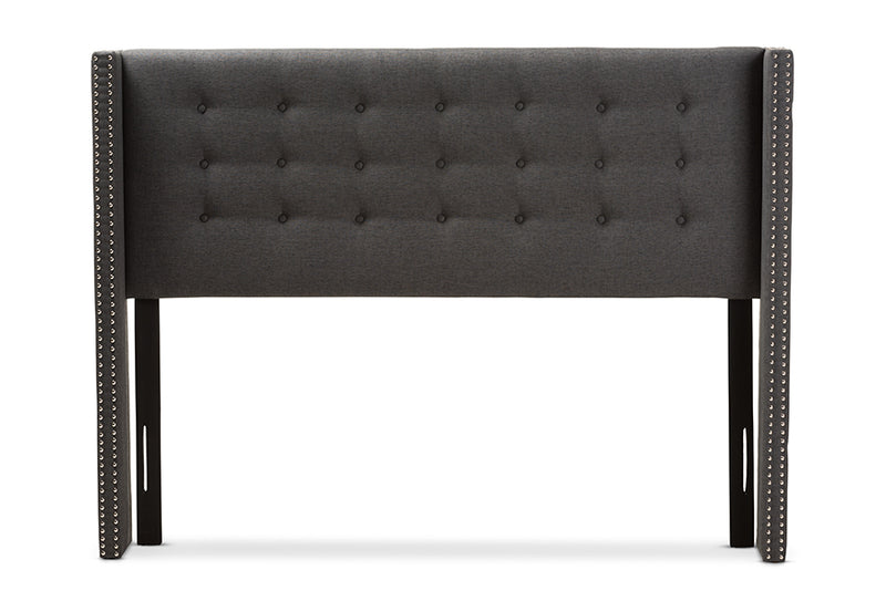 Rosie Modern And Contemporary Dark Gray Fabric Button-Tufted Nail head Queen Size Winged Headboard