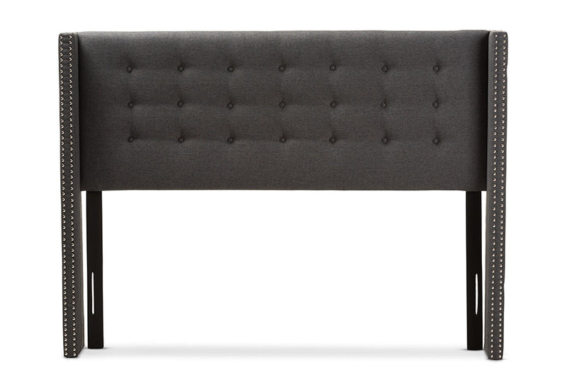 Rosie Dark Gray Fabric Button-Tufted Nail head Queen Size Winged Headboard Baxton