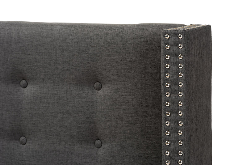 Rosie Modern And Contemporary Dark Gray Fabric Button-Tufted Nail head Queen Size Winged Headboard