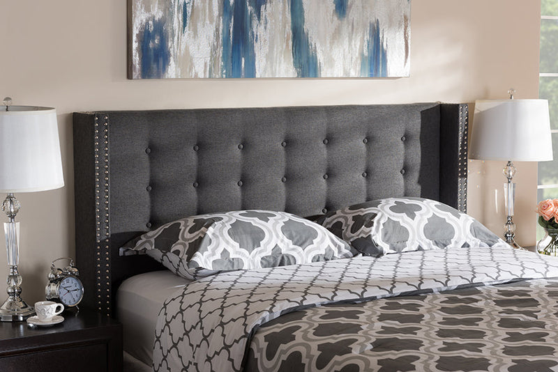 Rosie Dark Gray Fabric Button-Tufted Nail head Queen Size Winged Headboard Baxton