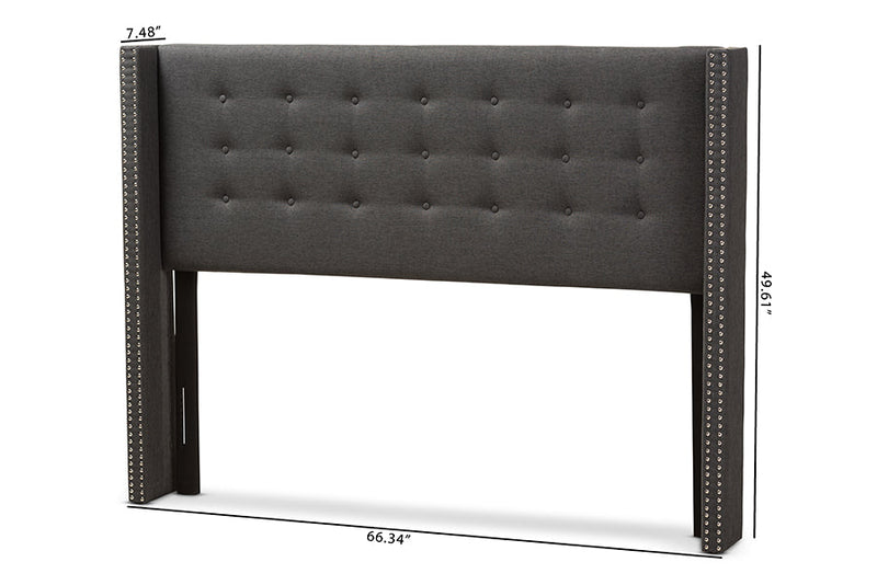 Rosie Dark Gray Fabric Button-Tufted Nail head Queen Size Winged Headboard Baxton