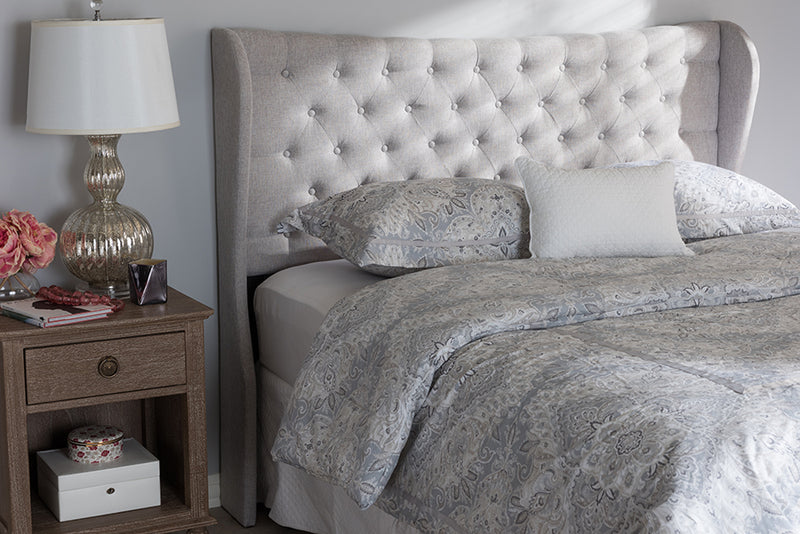 Noelle Modern and Contemporary Greyish Beige Fabric Button-Tufted Queen Size Winged Headboard