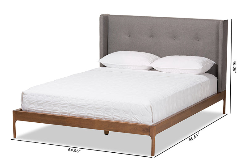 Calder Mid-Century Modern Walnut Wood Gray Fabric King Size Platform Bed