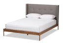 Calder Walnut Wood Gray Fabric Queen Size Platform Bed Baxton