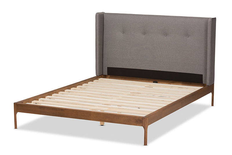 Calder Walnut Wood Gray Fabric Queen Size Platform Bed Baxton