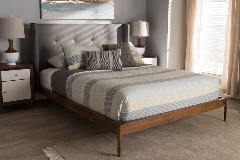 Calder Mid-Century Modern Walnut Wood Gray Fabric King Size Platform Bed