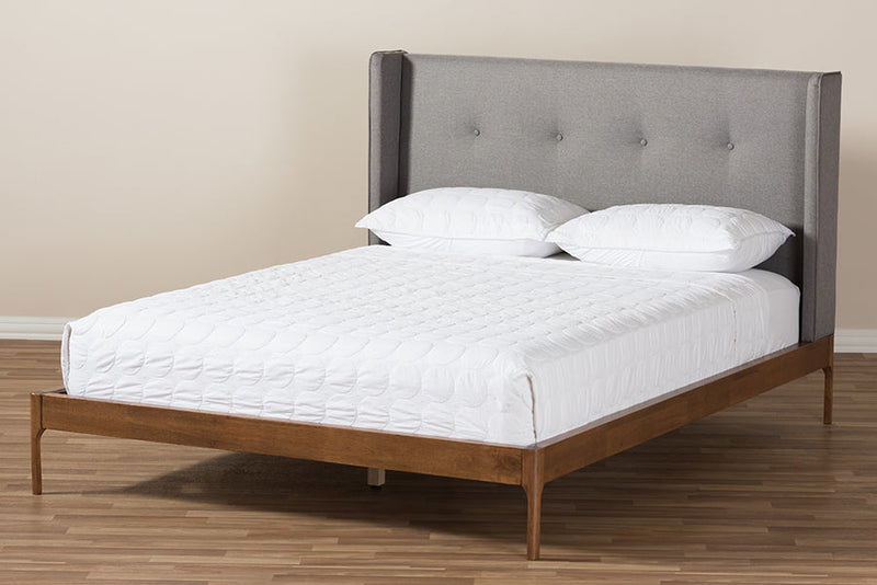 Calder Walnut Wood Gray Fabric Queen Size Platform Bed Baxton