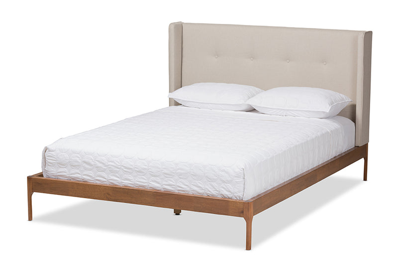 Calder Mid-Century Modern Walnut Wood Beige Fabric Queen Size Platform Bed