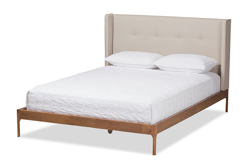 Calder Walnut Wood Beige Fabric King Size Platform Bed Baxton