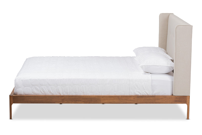 Calder Mid-Century Modern Walnut Wood Beige Fabric King Size Platform Bed