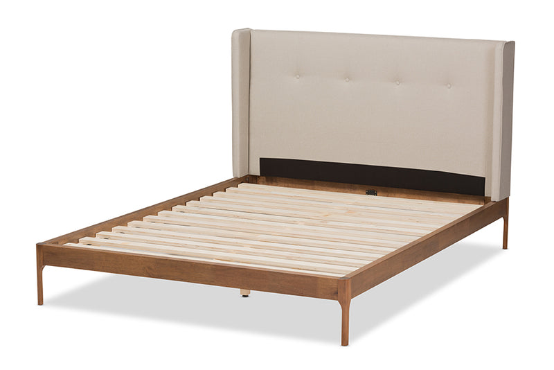 Calder Mid-Century Modern Walnut Wood Beige Fabric Queen Size Platform Bed