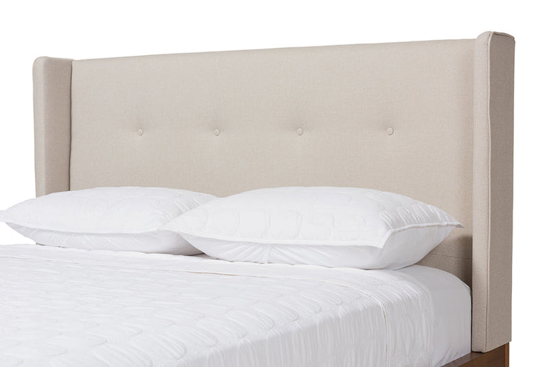 Calder Walnut Wood Beige Fabric King Size Platform Bed Baxton