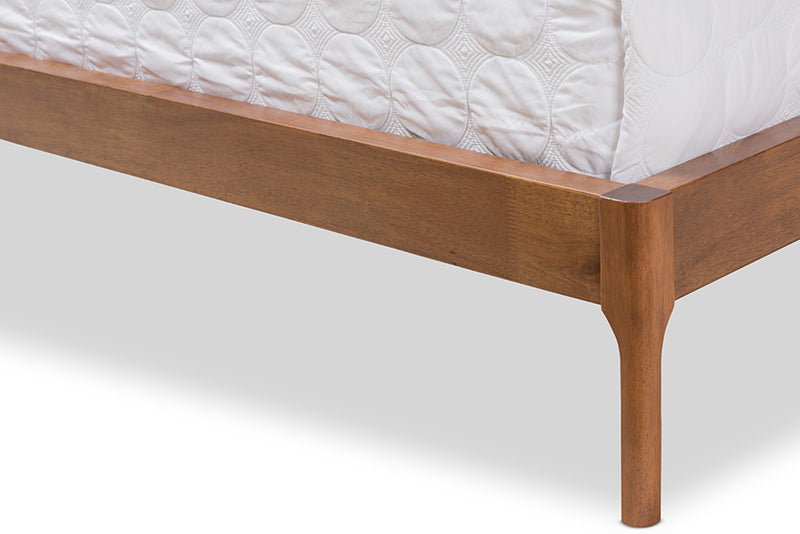 Calder Mid-Century Modern Walnut Wood Beige Fabric King Size Platform Bed