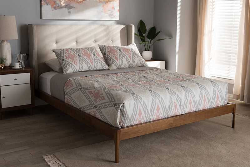 Calder Walnut Wood Beige Fabric King Size Platform Bed Baxton